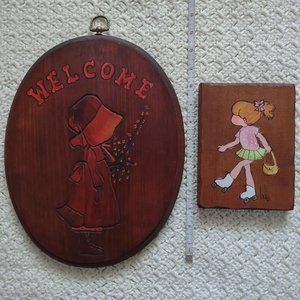 2 Vintage Wood Plaques~Holly Hobbie WELCOME +Roller Skate Girl~Bobbi~Wall Decor